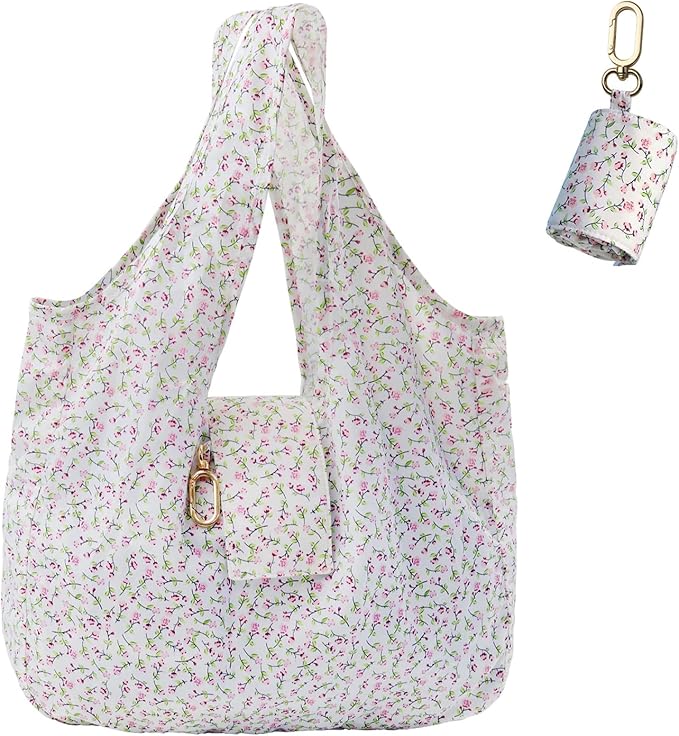 Foldable Keychain Tote Bag – Floral Compact Reusable Shopping Bag