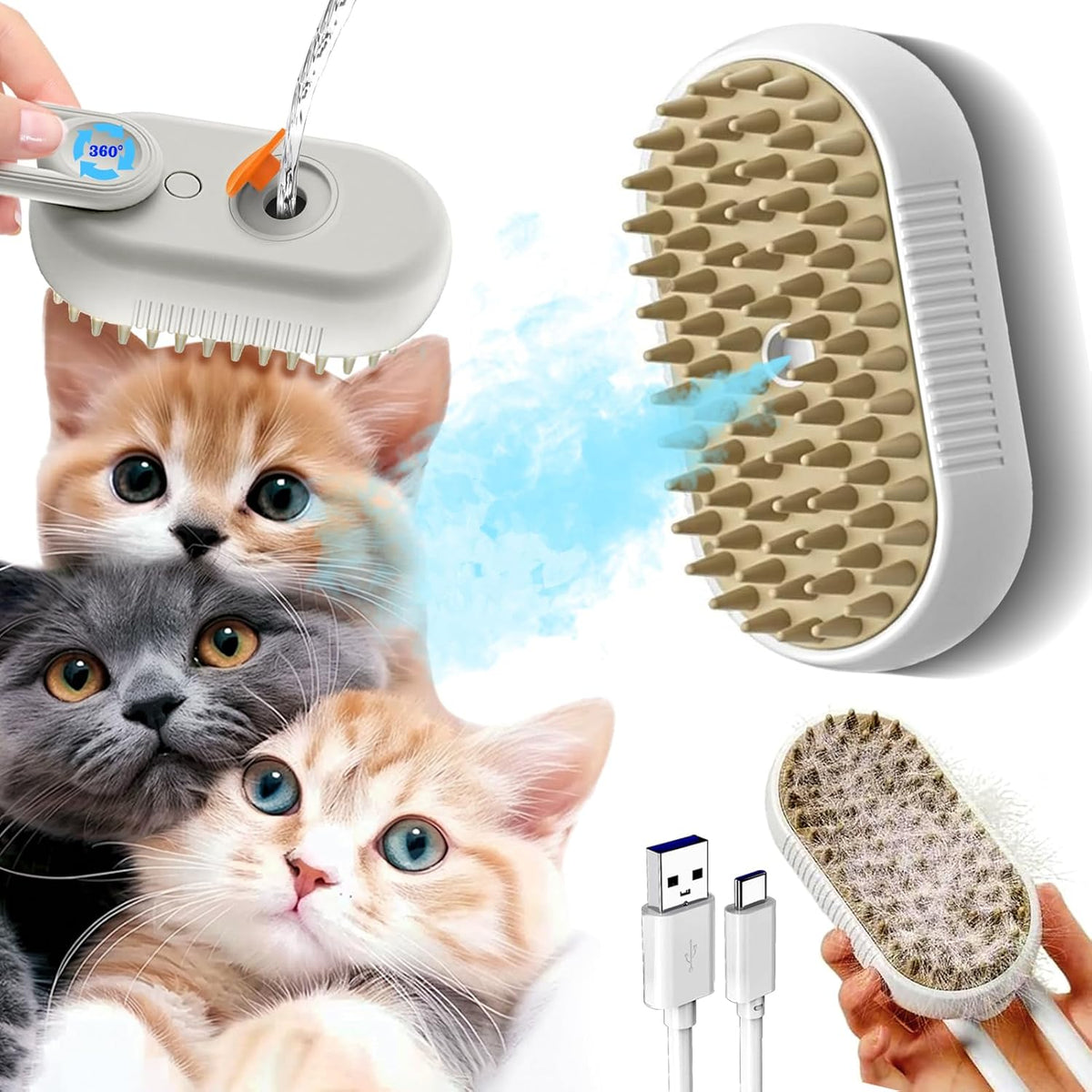 Steam pet grooming brush for cats and dogs