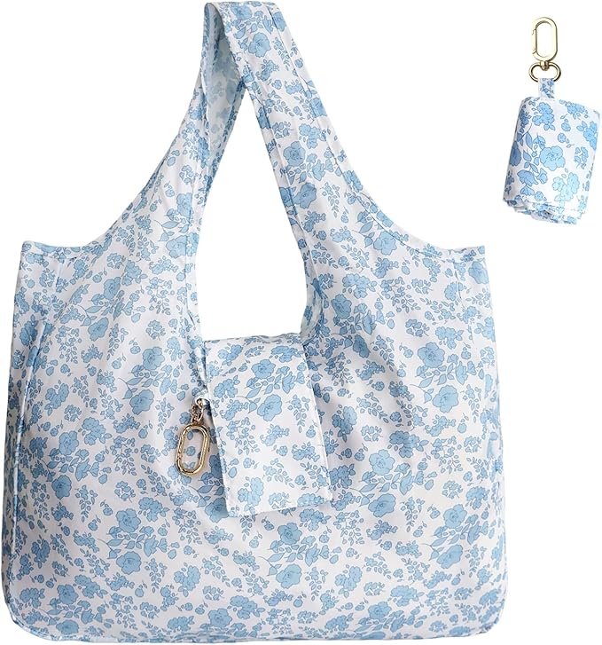 Floral foldable keychain tote bag folded into compact pouch