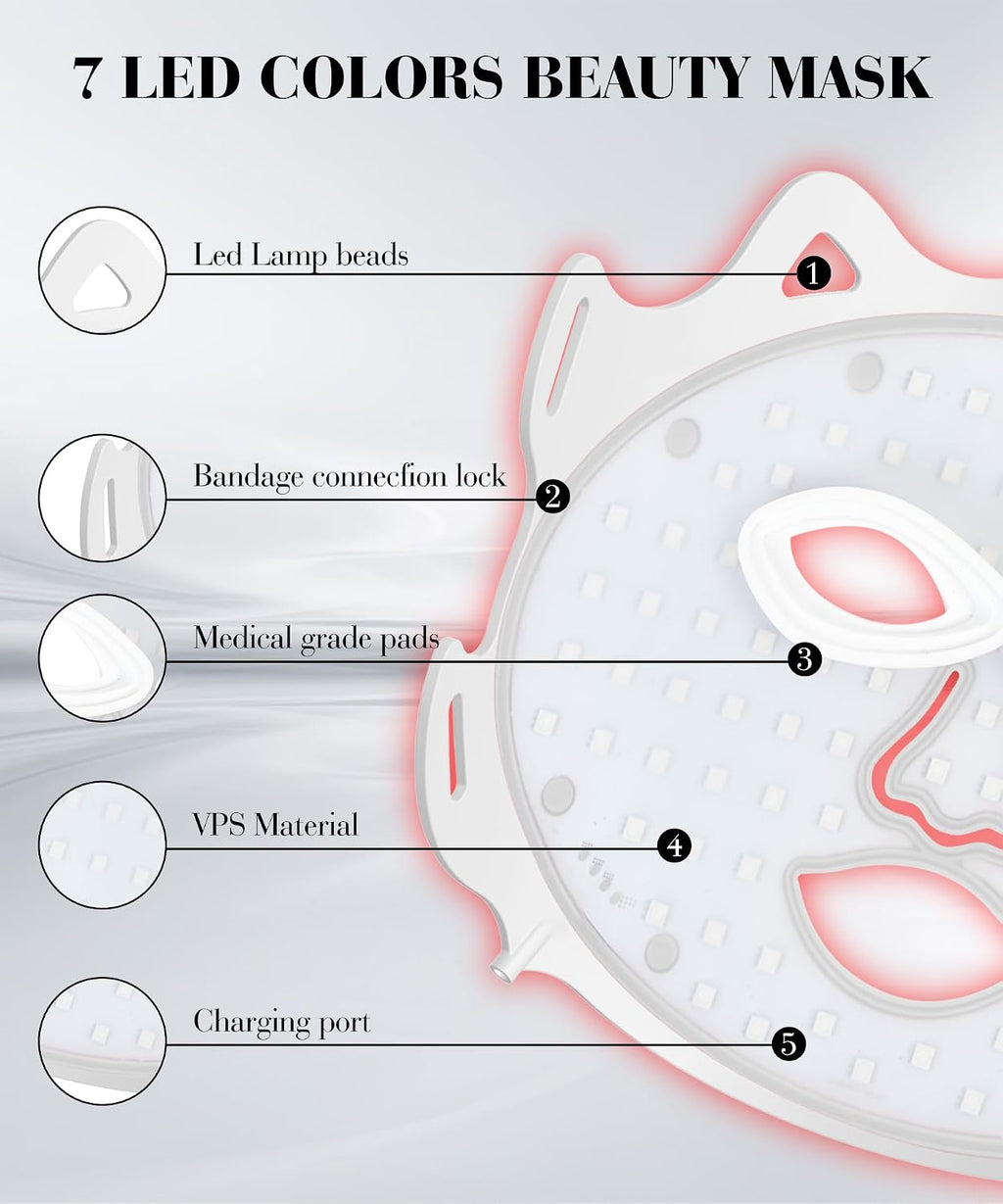 SDKWDH Red Light Therapy Mask for Face Led Face Mask Light Therapy At Home 7 Colors LED Face Mask Light Therapy White My Modern Mart