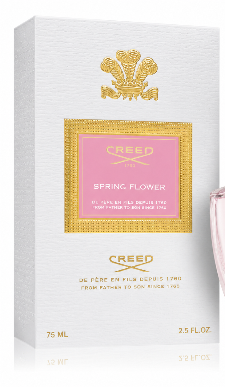 Creed Spring Flower Eau de Parfum bottle and its white packaging box with gold and pink detailing, set against a clean white background.