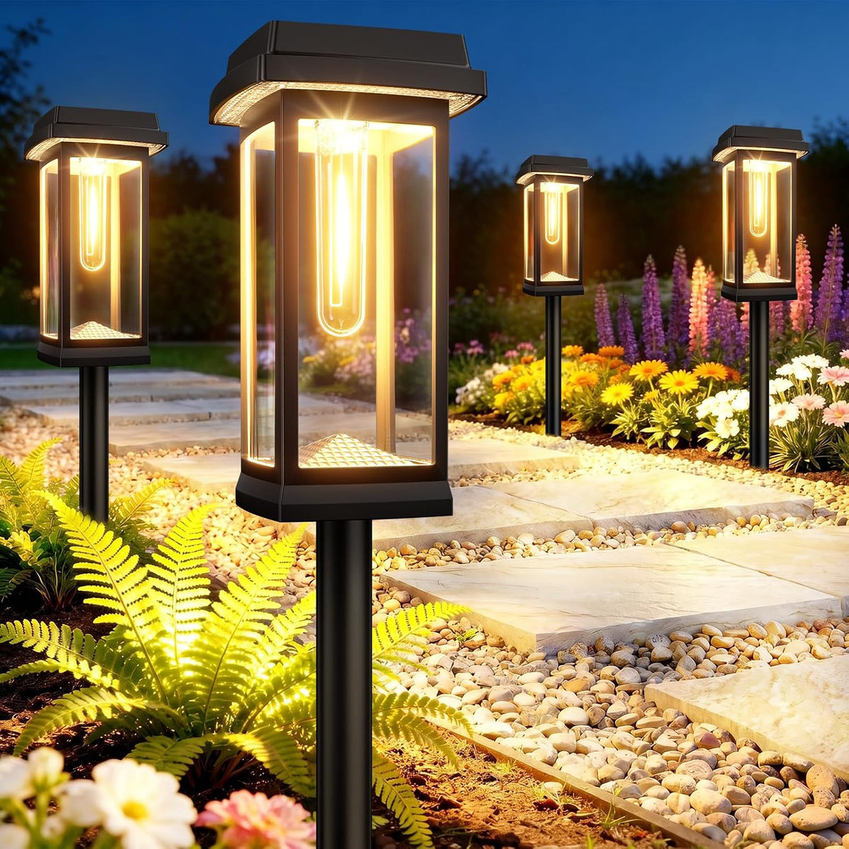 Solar pathway lights with warm white filament bulbs