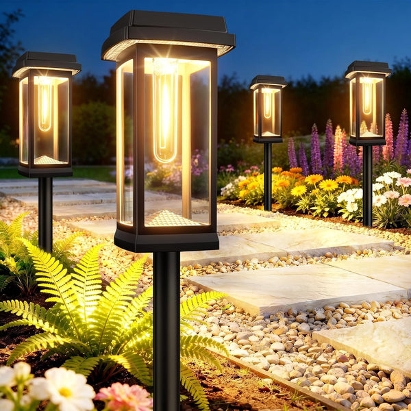 Solar pathway lights with warm white filament bulbs