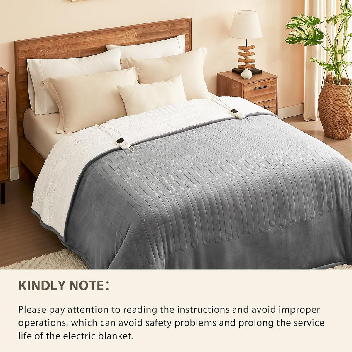 Heated flannel blanket spread on a bed