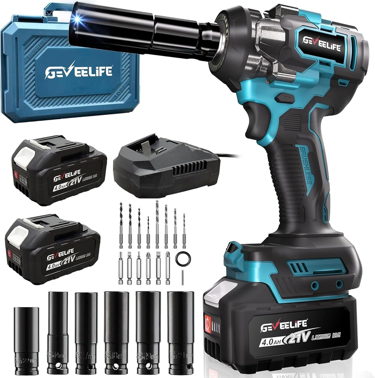 Cordless 1/2 inch brushless impact wrench with batteries
