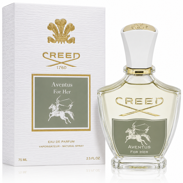 Creed Aventus For Her Eau de Parfum bottle with its white packaging box, featuring gold lettering and a sage green label with a horse-and-rider illustration.