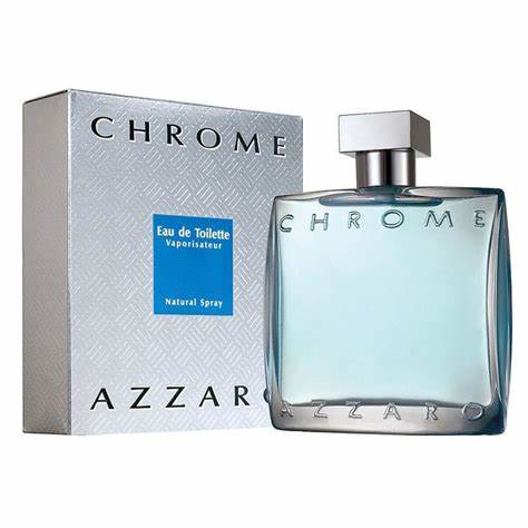 Azzaro Chrome Eau de Toilette bottle with its silver textured packaging box, featuring a light blue-tinted glass bottle and a silver cap on a white background.