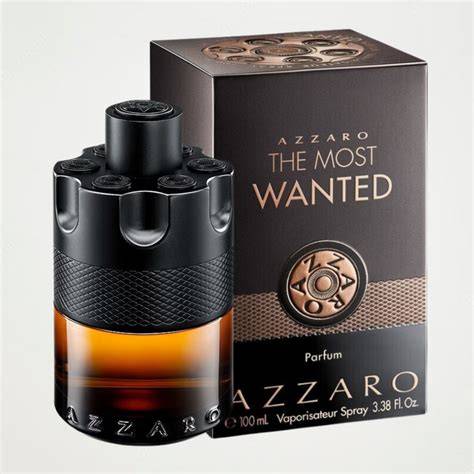 Azzaro The Most Wanted Parfum bottle and its retail box, featuring a black gun-cylinder cap and amber liquid, set against a light gray background.
