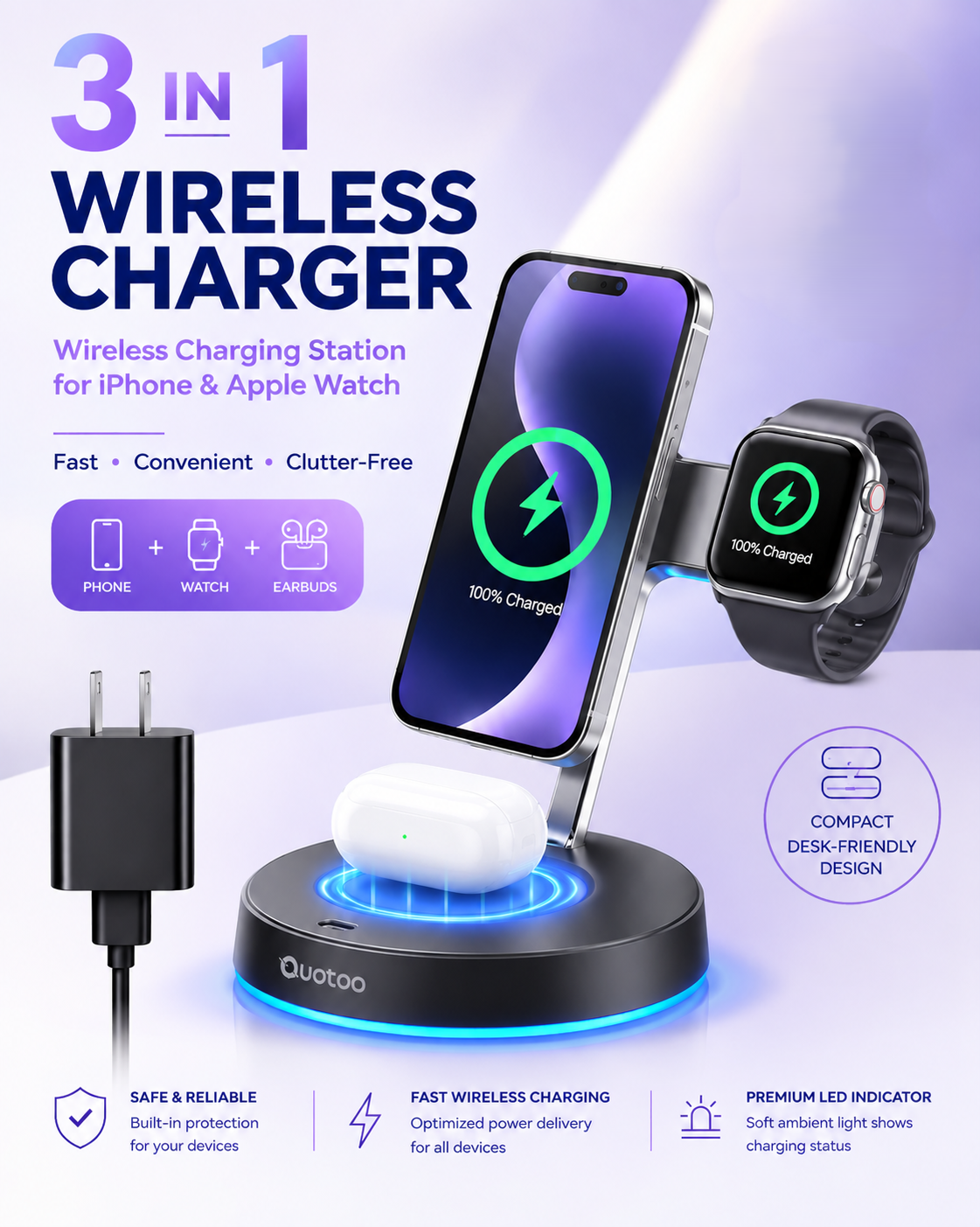 3 in 1 magnetic wireless charging station with night light