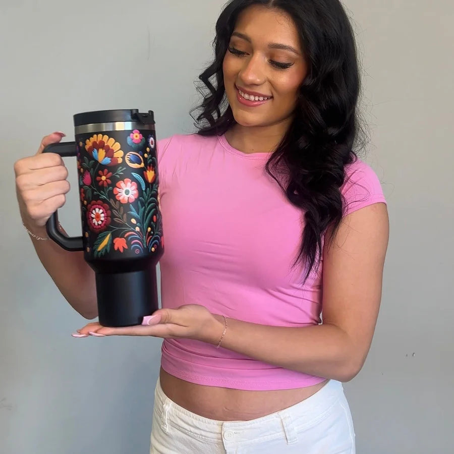 Mexican Embroidery 40oz Insulated Tumbler with Straw MY MODERN MART