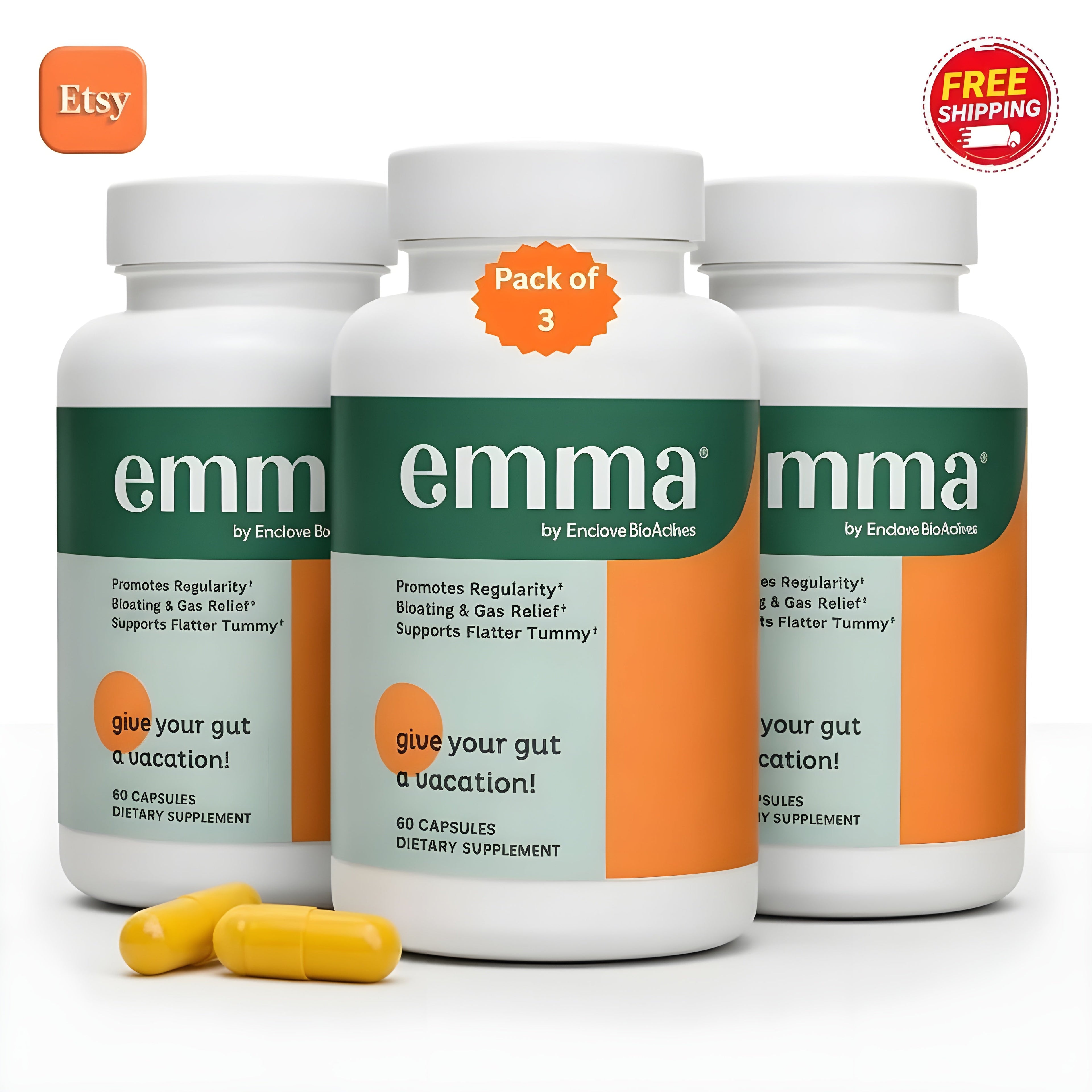 Three bottles of 'emma' dietary supplements with yellow capsules on a white background, featuring Etsy logo and free shipping icon.