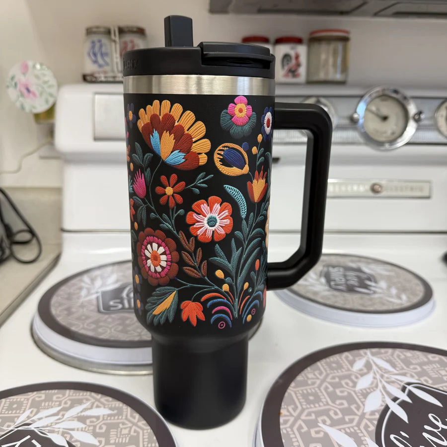 Mexican Embroidery 40oz Insulated Tumbler with Straw MY MODERN MART