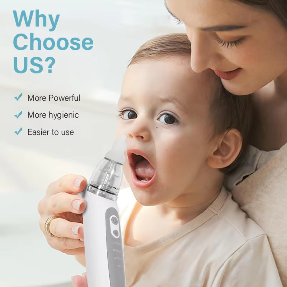Mother using a rechargeable baby nose sucker on a newborn with a stuffy nose