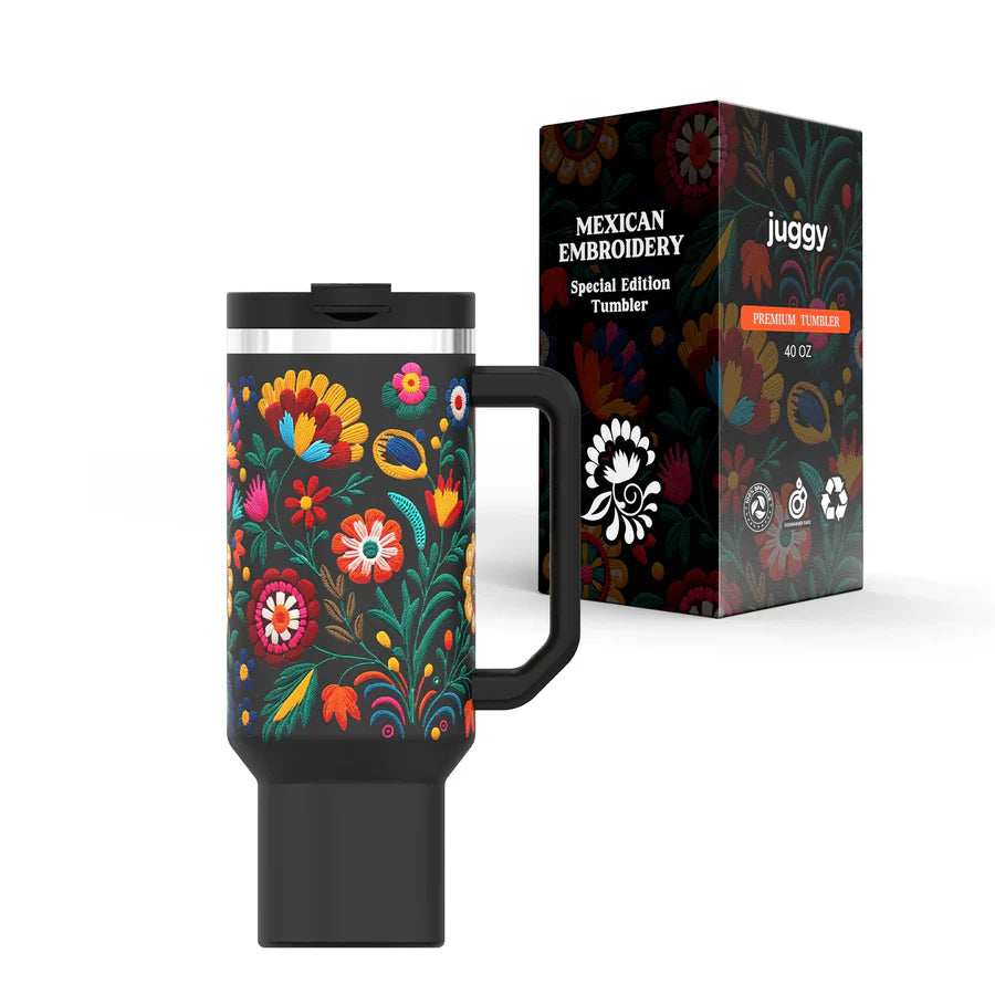 40 oz stainless steel tumbler with Mexican embroidery design